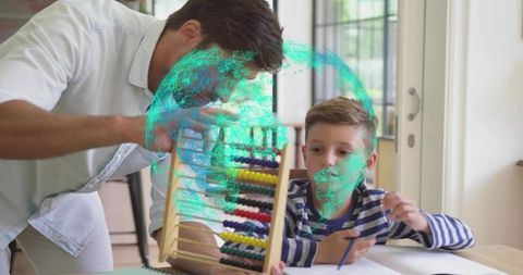 Father tutoring son using wooden abacus with augmented reality learning overlay