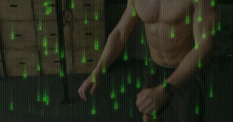 Shirtless Athlete Training with Gym Rings and Glowing Binary Overlay for Tech Fitness