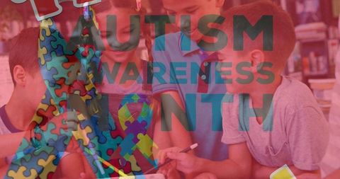 Students collaborating for autism awareness education