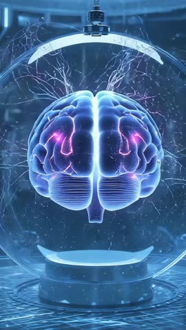 Rotating glowing 3D brain inside glass sphere simulating neural surge and synaptic activity