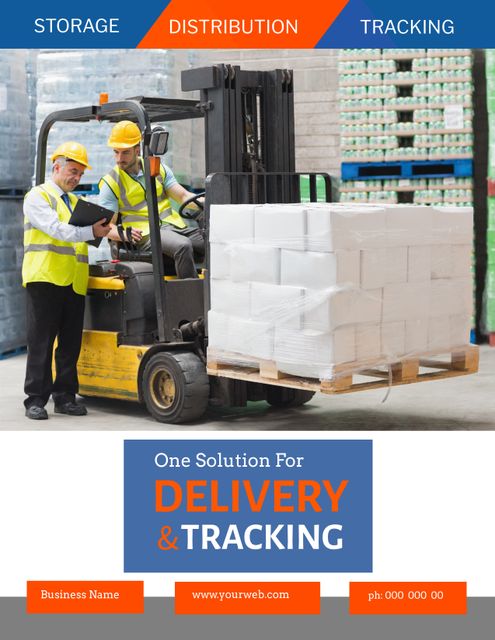 Warehouse operations image showing a team using a forklift for efficient distribution and tracking solutions. Useful for promoting logistics and supply chain services, showcasing operational efficiency, and depicting teamwork in transportation and storage management.