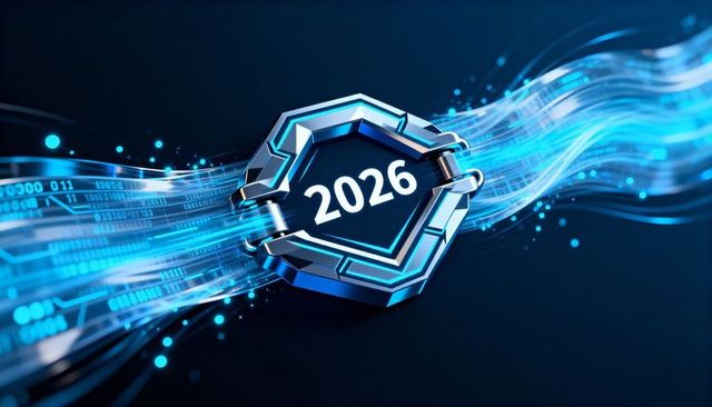2026 futuristic tech emblem with neon data streams and metallic hexagon badge