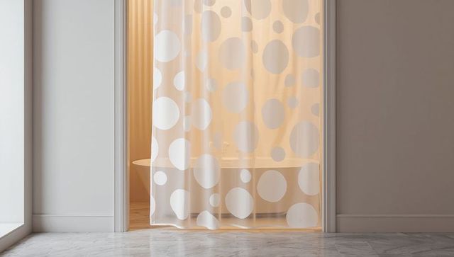 Sheer Polka Dot Curtain Revealing Freestanding Oval Tub, Marble Floor, Warm Light