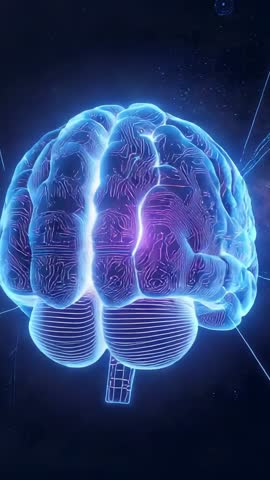 Rotating Neon Brain Pulsing Circuitry Nodes Visualizing Futuristic Digital Neural Network