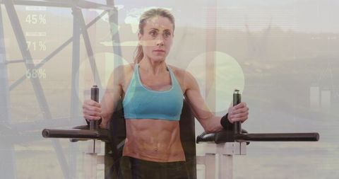 Confident Woman Exercising with Infographic Overlay in Gym