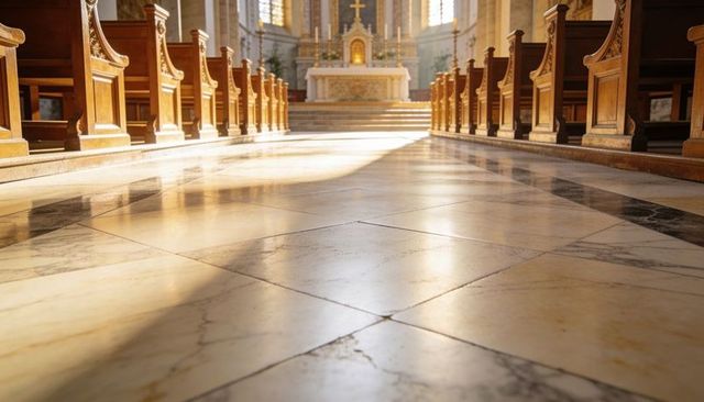 Sunlight reflecting on marble aisle leading to altar in historic church interior