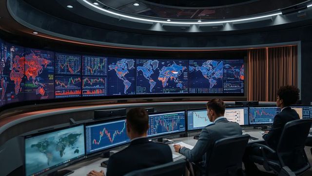 Financial analysts observing global stock markets in high-tech office