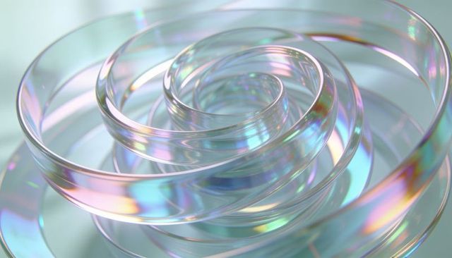 Iridescent spiral ribbon sculpture with prismatic acrylic sheen and glasslike gloss