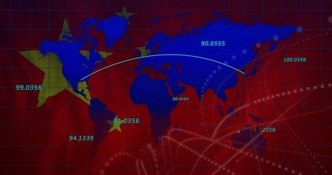Digital World Map on Red Grid with Numeric Data and Connections