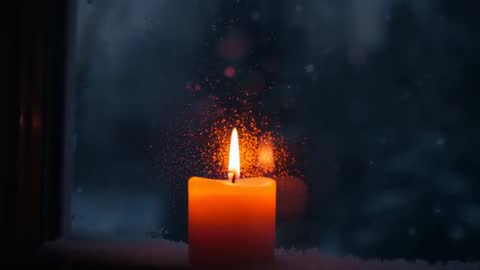 Glowing Candle in Snowy Evening Setting