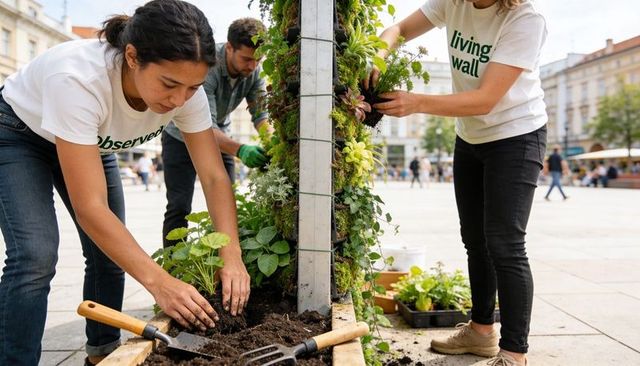 Volunteers planting and installing vertical living wall in urban plaza for community greening