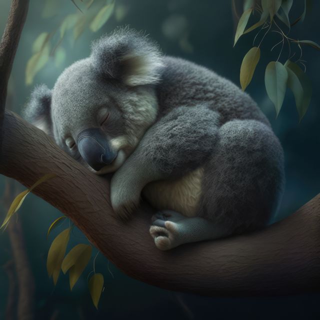 Koala sleeps peacefully on a tree branch, surrounded by leaves in a nocturnal setting. Ideal for use in themes related to wildlife conservation, peaceful nature scenes, Australian fauna, and animal behavioral studies. The serene night backdrop adds calmness and allure, making it suitable for environmental education and exotic animal features.