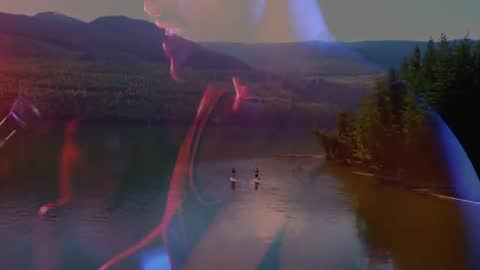 Singer Performing Under Stage Lights with Paddleboard Overlay, Lake and Forest