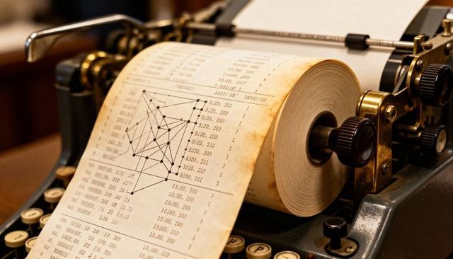 Feeding continuous paper roll on vintage teletype printing data graph with brass knobs