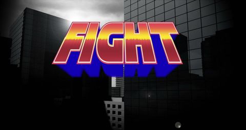 Bold Retro Fight Text Over Monochrome Urban Scene
