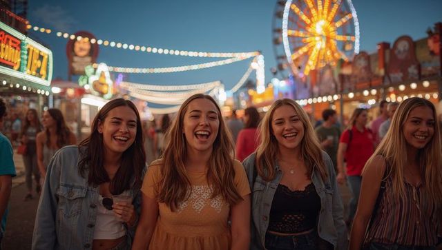 Four friends laughing while walking midway at dusk with glowing Ferris wheel and string lights