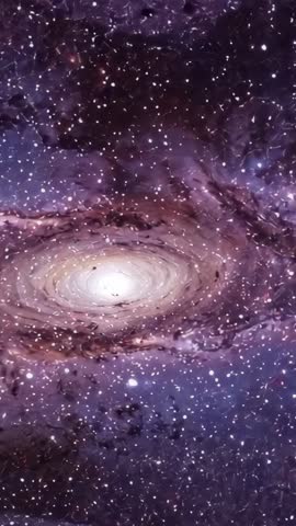 Vertical panning spiral galaxy revealing glowing nebulae and drifting starfield in deep space