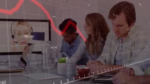 Business Team Analyzing Data with Digital Trends Overlay