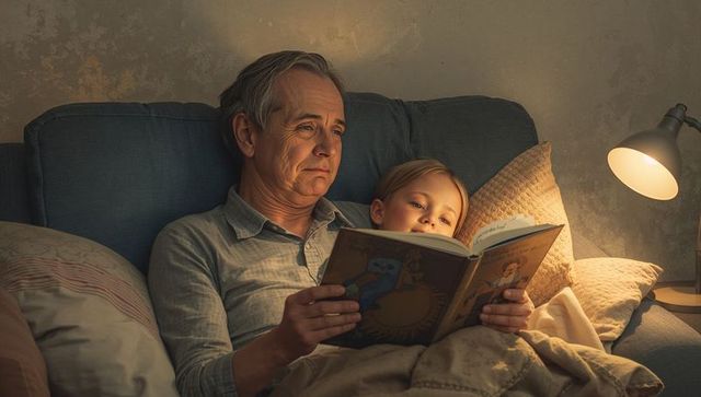 Grandfather reading bedtime story to granddaughter on couch at night with warm lamp light
