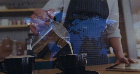 Barista pouring steamed milk into coffee cup with world map data overlay