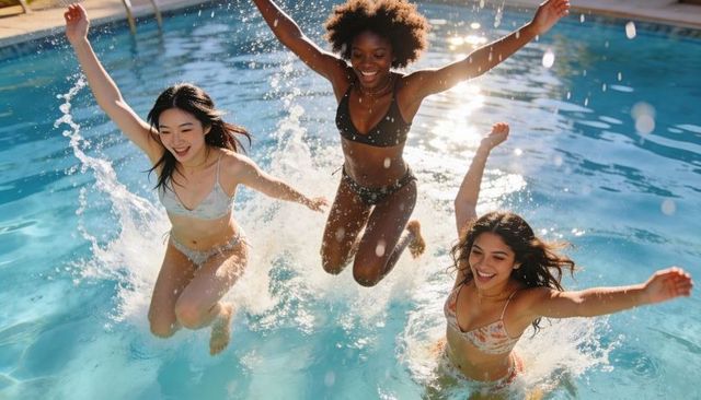 Three friends jumping and splashing in sunny outdoor pool enjoying summer fun and freedom