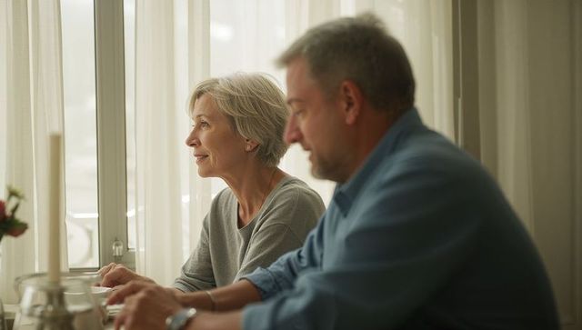 Mature couple enjoying morning tea by window in cozy sunlit home