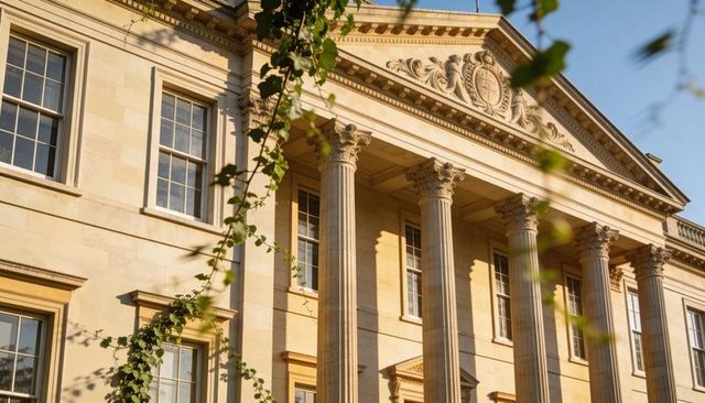 Neoclassical facade with fluted columns and ornate pediment bathing in golden hour light