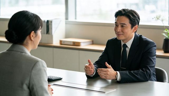 Businessman gesturing and explaining during professional interview in modern office meeting