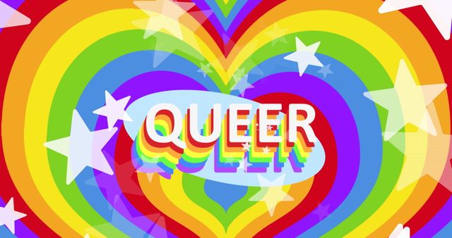 Colorful and engaging design featuring bold 'Queer' text on a rainbow backdrop adorned with stars. Represents Pride Month, supporting human rights and LGBTQ equality. Ideal for posters, social media posts, and event promotions to inspire and celebrate diversity and inclusion.