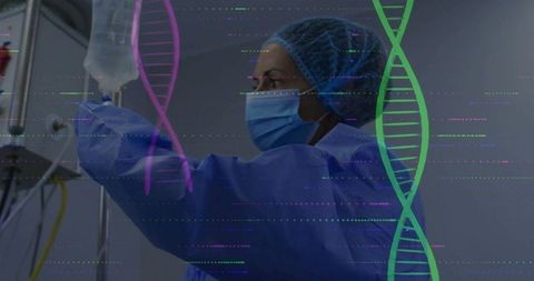 Medical Worker Adjusting IV Bag with DNA Overlay