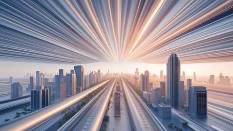 Futuristic metropolis with surging metal beams, streamline design