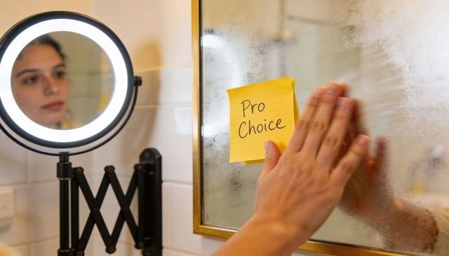 Woman pressing pro choice sticky note on fogged bathroom mirror, reflection in magnifier