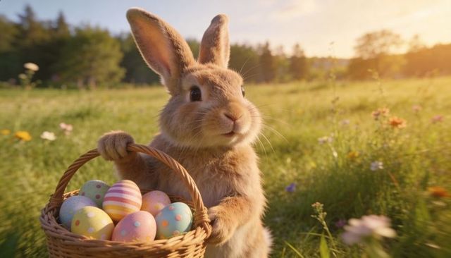 Sunlit easter bunny holding wicker basket of pastel eggs in meadow, golden hour glow