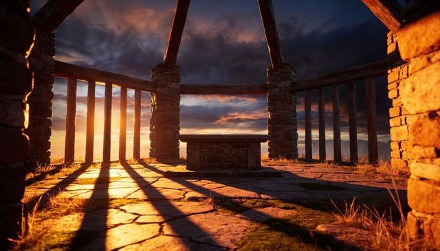 Golden sunset rotunda casting long shadows over stone altar and weathered flagstones