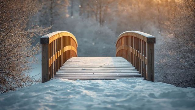 Glowing wooden arched bridge crossing snowy forest at golden sunrise