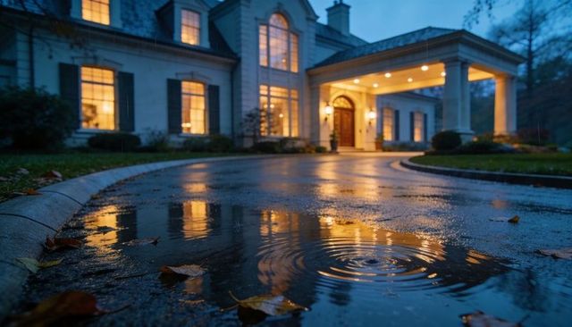 Reflecting wet driveway puddle mirroring upscale mansion porch lights and rippling surface at dusk