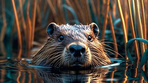 Beaver head glistening in marsh pond amidst golden reeds