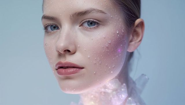 Ethereal beauty portrait with crystalline droplets and iridescent collar, soft blue light