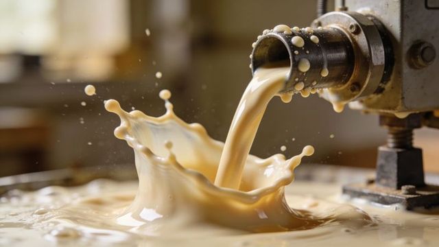 Creamy caramel liquid pouring from stainless nozzle with crown splash droplets, macro