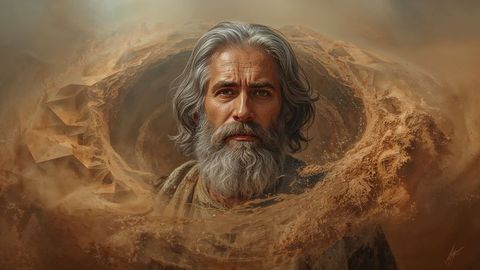 Powerful moses sage standing amidst whirling desert vortex