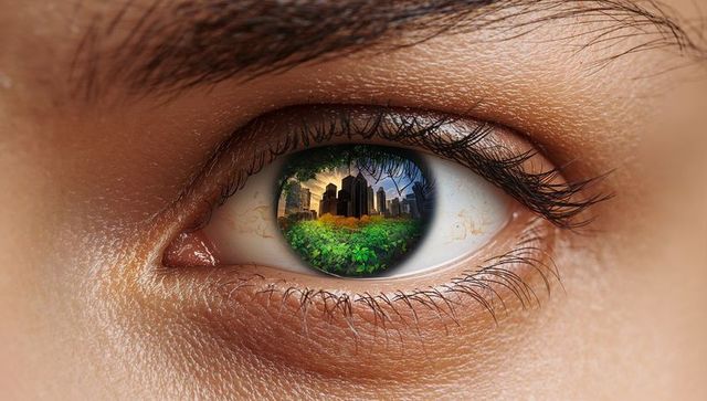 Closeup Brown Eye Reflecting Urban Skyline and Lush Greenery Sustainability Concept Vision