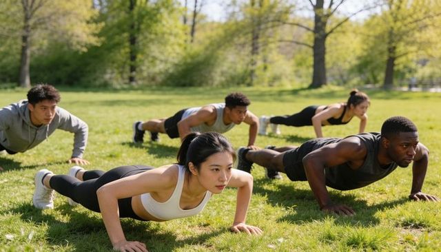 Group doing outdoor push-ups in sunny park for bootcamp strength and fitness training
