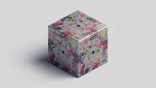 Graffiti pattern cube on minimal gray surface featuring pink yellow black doodles