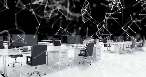 Futuristic Office with Digital Connectivity Overlay