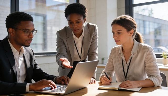 Team collaborating over laptop in bright modern office meeting