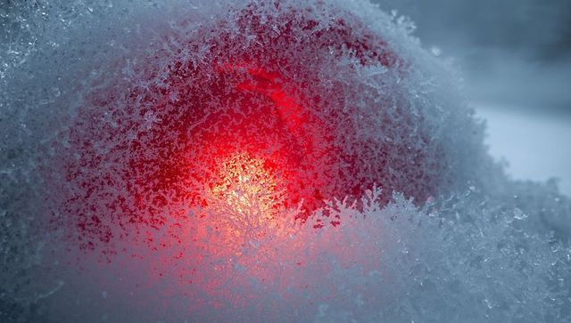 Glowing red ornament light shining through hoarfrost macro, icy crystal winter glow