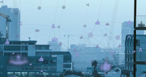 Network of Digital Icons Over Cityscape Symbolizing Technology - Download Free Stock Images Pikwizard.com