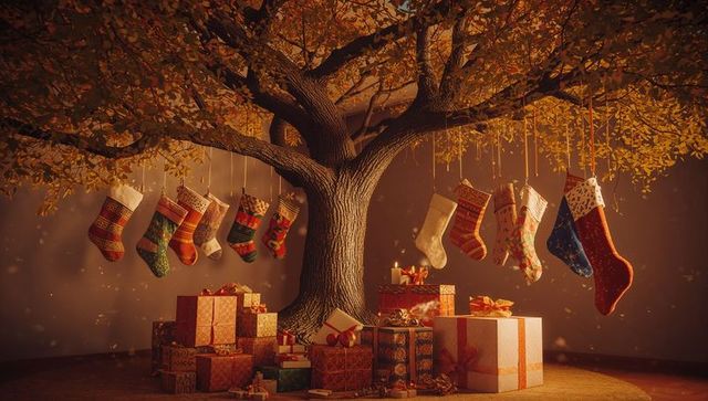 Cozy autumn display with tree, hanging stockings, gift boxes