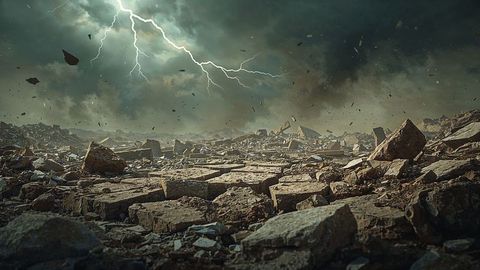 Earthquake thunderstorm over rugged rocky terrain