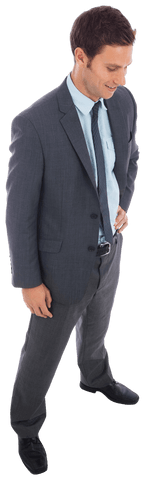 Cheerful Businessman Standing with Hand on Hip in Transparent Suit